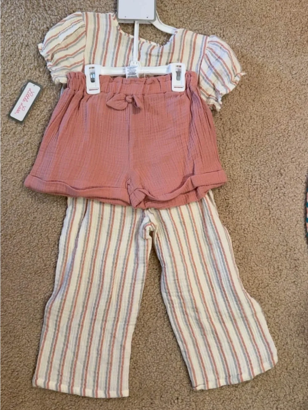 Little Lass Striped Button-Front Girls Two-Piece Set in Cream & Pink - Picture 2 of 2